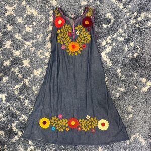 Mexican Handcrafted Floral Embroidered Denim Dress